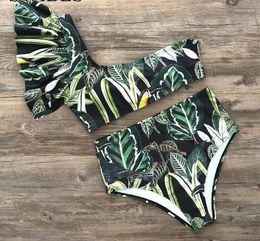 Women's Swimwear 2024 Swimsuit Green Print High-waisted One-shoulder Bikin Bikini Set