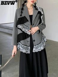 Women's Suits BZVW Designer Lace Spliced Plaid Blazer Coat For Notched Collar Temperament Suit Jacket Female 2024 Trendy 25X0550