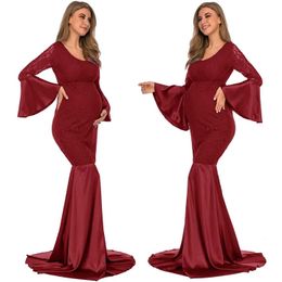 Maternity Dresses Womens Off Shoulder Lace Mermaid Maternity Maxi Dress V Neck Ruffle Long Sleeve Slim Fit Gown for Photography Baby Shower H240518