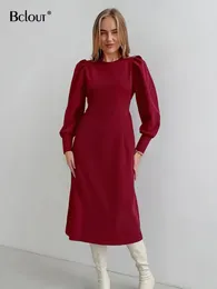Casual Dresses Bclout Elegant Red Long Dress Women 2024 Vintage Solid O-Neck Sleeve Office Lady Fashion Thin Lace-Up A-Line