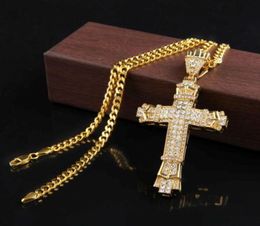 Retro Gold Charm Pendant Full Ice Out CZ Simulated Diamonds Catholic Crucifix Pendant Necklace With Long Cuban Chain7119787