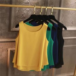 Women's Blouses 2024 Korean Solid Color Double Layer Chiffon Shirts Casual Sleeveless Loose Top Clothing Office Lady Work Blouse