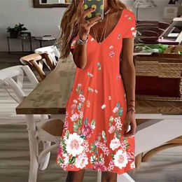 Casual Dresses 2024womens Dress V-Neck Tie Dye Oversized Knee-Length Boho Beach Style Mori Girl Flowy Skirt Loose Sundress