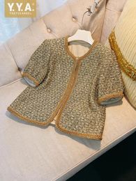 Luxury Designer Women Tweed Jacket Short Sleeve ONeck Office Ladies Elegant Coat French Style Vintage Outerwear Tops 240513