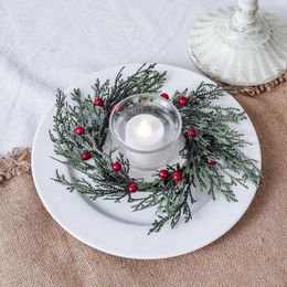 Decorative Flowers Artificial Pine Needle Branches Red Berry Fruits Candlestick Ring Candle Wreaths Christmas Wedding Party Dinner Table