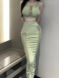 Work Dresses Harajpee Green Hollow Suits European American 2024 Beauty Sleeveless Tank Top Skirts French Elegant Temperament Sets