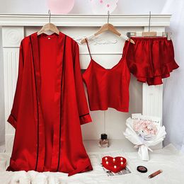 Nya satinpyjamas för kvinnors mode, lätt lyxstil pyjamas för kvinnors vår och sommar tunna fasta färg hemkläder ytterkläder