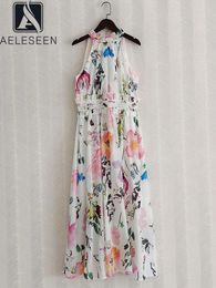 Casual Dresses AELESEEN 2024 Summer Fashion Designer Long Beach Dress Women Sleeveless Ruffles Patchwork Flower Printed Elegant Party