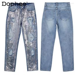 Women's Jeans Street Loose Straight-Leg Denim Cropped Pants 2024 Spring Summer Sequins Embedded Make Old Blue Ripped For Women