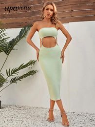 Casual Dresses Sexy Women's Light Green Bandage Strapless Sleeveless Backless Bodycon Hollow Midi Dress Cocktail Evening Party Vestidos