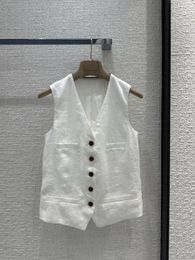 Women's Suits 2024Spring Summer White Cotton Linen V-neck Waist Vest Women Sleeveless Suit Jacket Female Fashion Clothing Commuter Attire