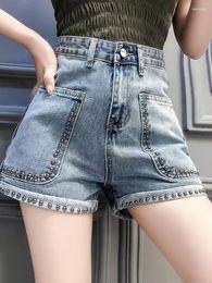 Women's Jeans Casual High-Waisted Beaded Denim Shorts Loose A-Line Wide Leg Pants 2024 Summer Fashion Clothing