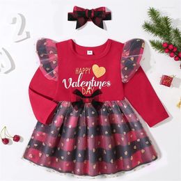 Clothing Sets Baby Girl Valentine Day Outfits Long Sleeve Round Neck Loose A-Lined High Waist Princess Plaid Print Party Dress Headband