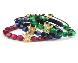 Crown Bracelets Fashion Crown Cz Zircon Bracelet Women Men With 8mm Cut Faceted Tiger Eye Stone Beads3752714