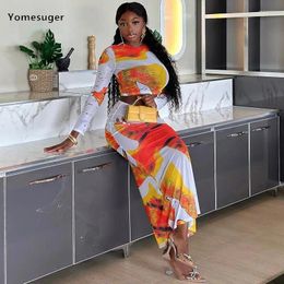 Work Dresses Yomesuger Aesthetic Print 2 Piece Set Women Sexy Long Sleeve Crop Tops And Hip Skirt Matching Fall 2024 Party Club Outfits