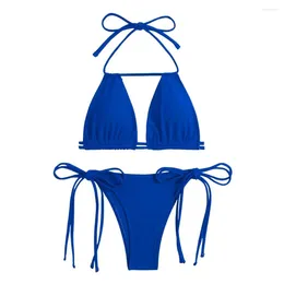 Women's Swimwear Two-piece Swimsuit Lace-up Halter Bikini Set With High Waist Swim Briefs Solid Color Beachwear For Sexy Summer Style