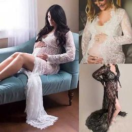 Maternity Dresses Summer womens dress photography props looking through dresses front stitching long pregnant black and white lace H240517