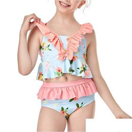 Childrens Swimwear High Quality Girl 2 Piece Suits Designer Swimsuit Children Cute Patchwork Print Bikini Set Fashion Kids Beachwear D Ot3Ph