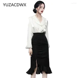 Work Dresses YUZACDWX Women Skirt Suit Autumn Fashion Beading Lantern Sleeve Shirt Blouses Designer Split Ruffle Mermaid 2 Pieces Set