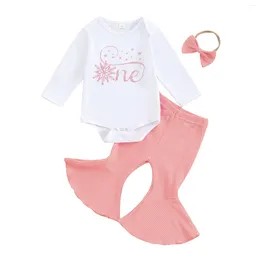 Clothing Sets Baby Girls Birthday Outfit One Year Old Long Sleeve Snow Letters Print Romper With Flare Pants And Headband Set