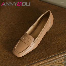 Casual Shoes ANNYMOLI Natural Genuine Leather Loafers Women Flat Square Toe Femlae Spring Footwear Apricot Yellow Size 34-39 2024