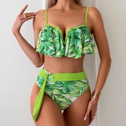 Women's Swimwear Two-piece Swimsuit With Suspenders Chic Ruffle Hem Bikini Set High Waist Ribbon Swim V-neck Sling Beachwear For Women