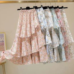Skirts 2024 Summer Floral Irregular Ruffled All-match A- Line Ins Super Fairy Cake Skirt Women's Half-length