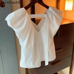 Women's Blouses V-neck Puff Sleeve Camisas De Mujer White For Women Fashion Crop Tops Korean Summer Shirts Tunic Temperament Blouse