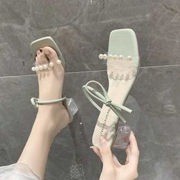 Slippers Fashion Women Slides Square Mid Heels Shoes for Mules Solid String Bead Crystal Summer Plus Size Zapatos H240517