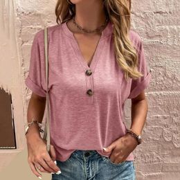 Women's Blouses Women Tops T-shirt Stylish Summer V-neck Collection Casual Half Placket Tee Solid Color Loose Fit Pullover