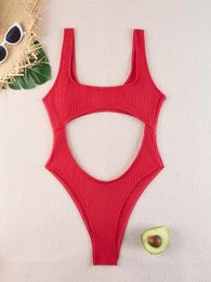 Women's Swimwear Sexy Hollow Out Thong Bikini 2024 Women Black Red Ribbed Backless Tummy Cut One Piece Swimsuit Beach Bathing Suit