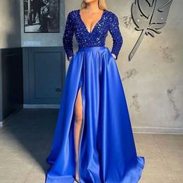 Runway Dresses V Neck Satin Ball Gown Long Slve Sequin Prom Dresses for Women 2024 Formal Dresses Evening Gown with Slit Cocktail Party Dress T240518
