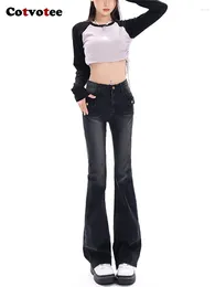 Women's Jeans Yitimuceng Women Stretch Slim Fit Pockets Button Flare Autumn Y2K Denim High Waist Streetwear Girl Female Trousers