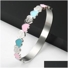 Bangle Gold Colour Blue And Pink Enamel Love Heart Charm Bracelet For Women Girlfriend Promise Jewellry Gifts Bangle111 Drop Delivery J Dh6Wd