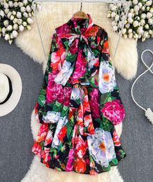 Summer Runway Boho Dress Women Stand Collar Puff Sleeve Breasted Floral Print Belt Holiday Party Mini Dress 2023 Rose Flower Bohem2489503
