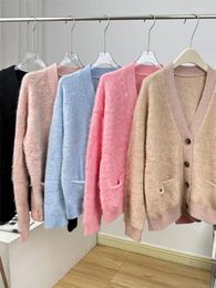 Women's Knits 4 Colors Women Mohair Blend Knit Cardigan Autumn And Winter Single-Breasted Ladies V-Neck Loose Fit Knitwear Outwear Top