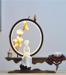 Fragrance Lamps Zen Backflow Incense Burner Holder Smoke Waterfall Sticks Led Lamp Ring Ornaments Living Room Office Desk Decor9473572
