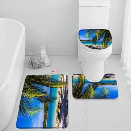 Bath Mats Seaside Beach Mat Set Summer Vacation Coconut Trees Seascape Sea Scenery Bathroom Decorations Rug Toilet Lid Cover