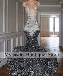 Party Dresses Sparkly Silver Rhinestones Mermaid Prom 2024 For Black Girl Luxury Crystals Diamond Sequin Gowns Evening