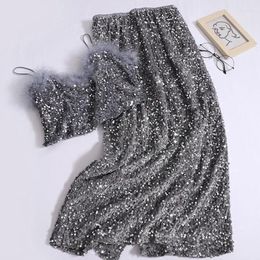 Work Dresses Korean Fashion Skirts Suit High Waist Slim Sequin Split Skirt Women Fur Stitching Sexy Sling 2 Piece Sets Womens Outfits