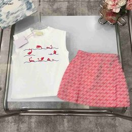 Top designer Girls Dress suits summer sets Size 100-150 CM 2pcs Fish Jump Pattern Printed Sleeveless T-shirt and Letter Dot AOP Skirt July17