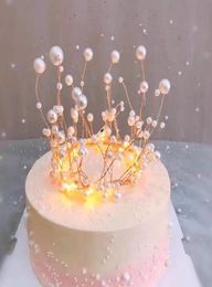 Shiny Handmade Pearl Princess Crown Headdress Cake Topper Wedding Bride and Groom Happy Birthday Hat Cake Decoration8034082