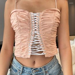 Women's Tanks Y2K Sweet Girl Kawaii Summer Crop Top T-shirt Slash Neck Hollow Sexy Lace Tether Half Cardigan Navel Fold Club Party