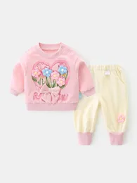 Clothing Sets Baby Girl's Casual Two Piece Pullover Autumn Winter Sweet Long Sleeve 3D Knitted Flower Decoration Design Fashion Cotton Set
