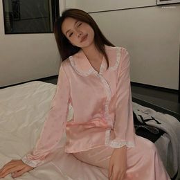 Women's Sleepwear Women 2PCS Pyjamas Set Spring Summer Silk Satin Pijamas Suit Solid Pink Nightwear Loose Casual Home Clothes Loungewear