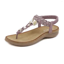 Casual Shoes SIKETU Women Sandals Rhinestone Round Toe Elastic Band PU Comfort Head Seaside Vacation Bohemian Light Purple