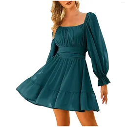 Casual Dresses Flared Sleeves Ruffles Chiffon Dress For Women Sexy Square Neck Frilled Backless Autumn Long Sleeve A-Line Solid