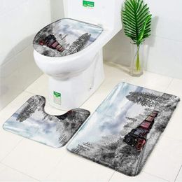 Bath Mats Winter Natural Landscape Mat Set Snow Forest Train Bathroom Decoration Flannel Anti Slip Foot Rug Toilet Cover