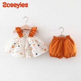 Clothing Sets Summer baby girls suit printed fly sleep suspender solid color shorts cute casual vacation two-piece set J240518