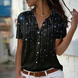 Women's Blouses Summer Sequins 3D Print Streetwear Retro Short Sleeve Shirts Woman Button Tops Elegant Office Lady Loose Shirt